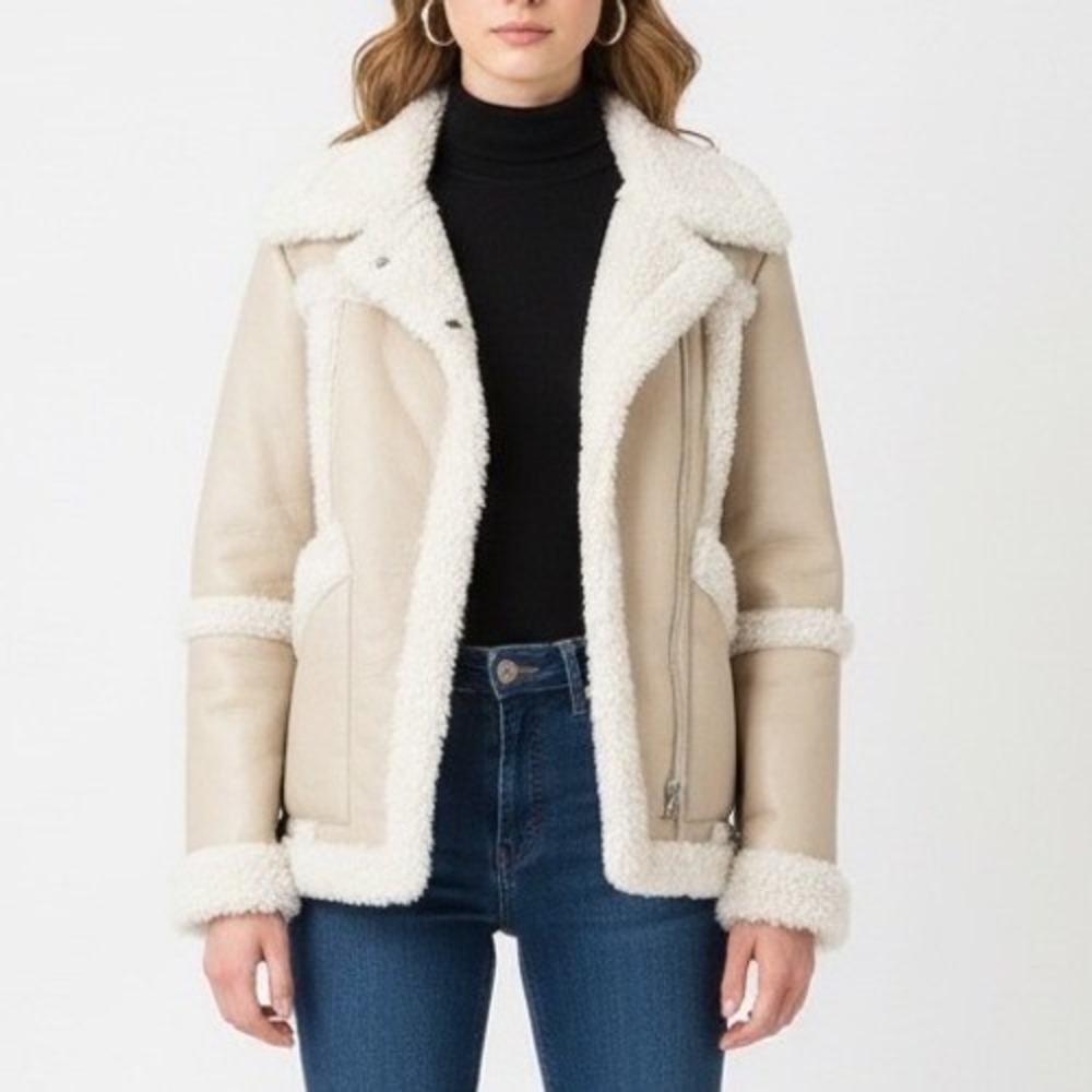 Urban Outfitters Cream Faux Shearling-Trim Moto Jacket